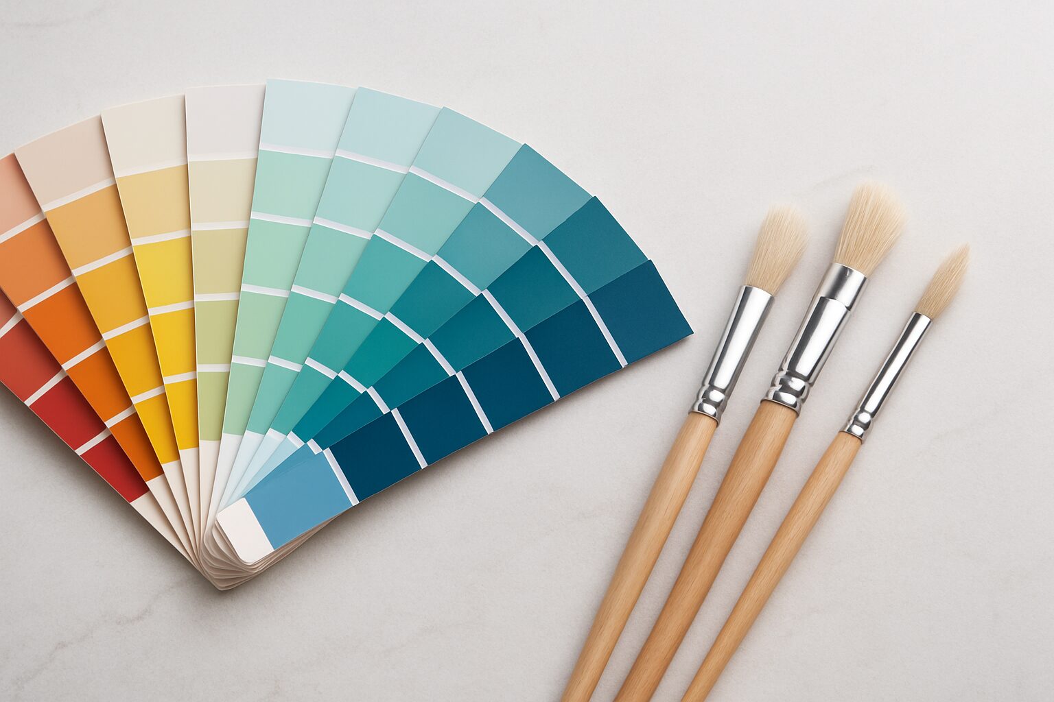 A selection of paint swatches and brushes on a marble surface